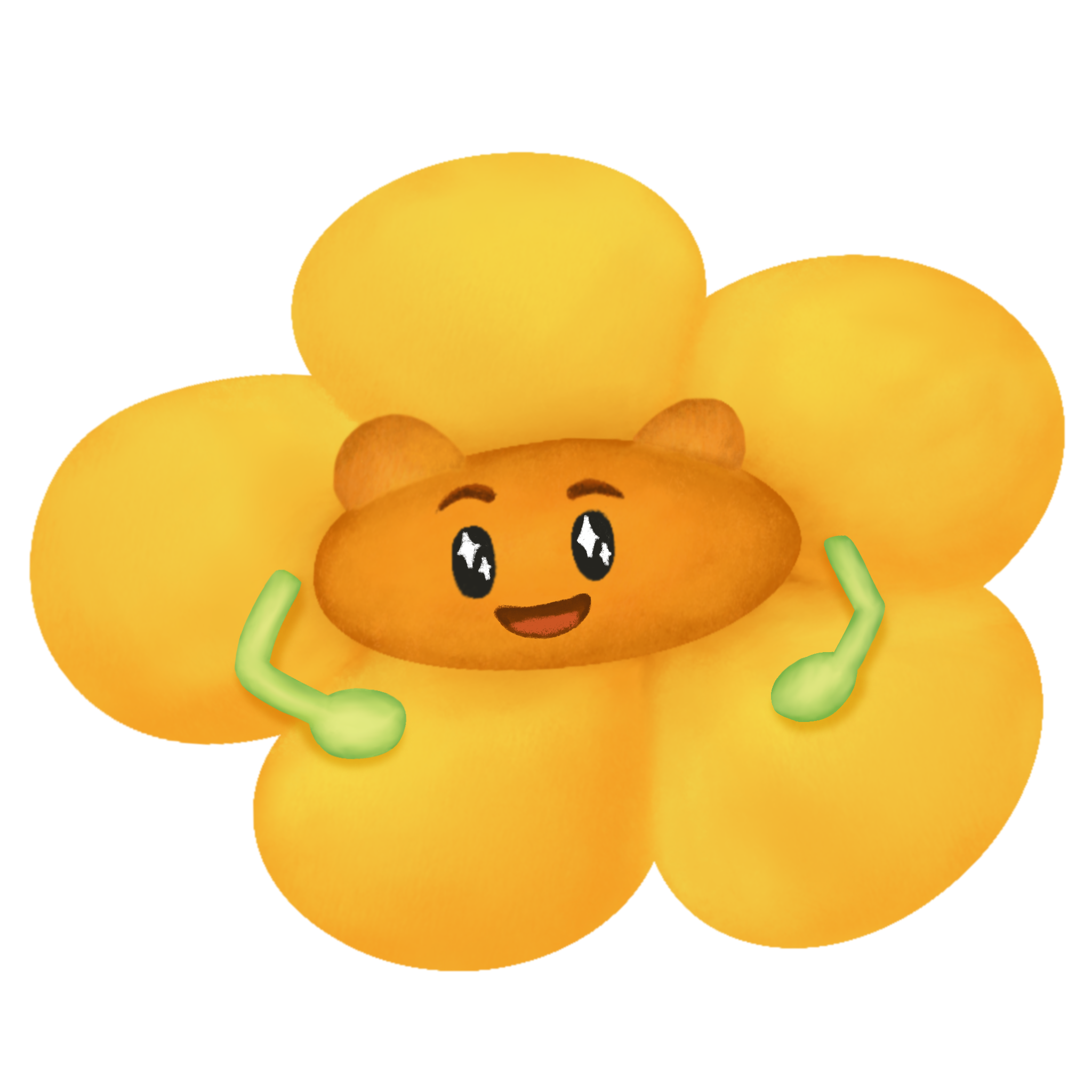 Yellow flower cartoon character smiling with green stem and leaves